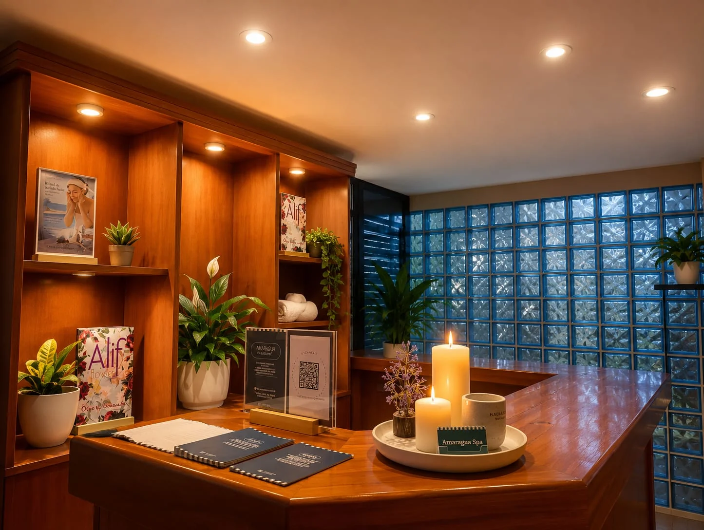 Spa reception with Alif Flower products and natural plants, Amaragua Spa Torremolinos